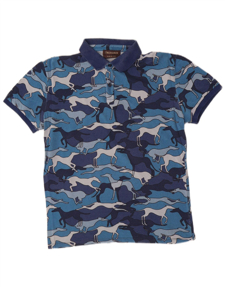TRUSSARDI Mens Polo Shirt Medium Blue Animal Print