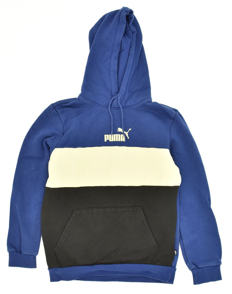 PUMA Mens Hoodie Jumper Small Blue Colourblock Cotton | Vintage Puma | Thrift | Second-Hand Puma | Used Clothing | Messina Hembry 