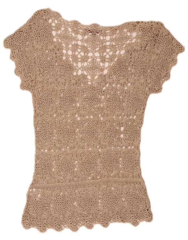 Vintage Womens Crochet Blouse Top UK 12 Medium Beige Floral Viscose