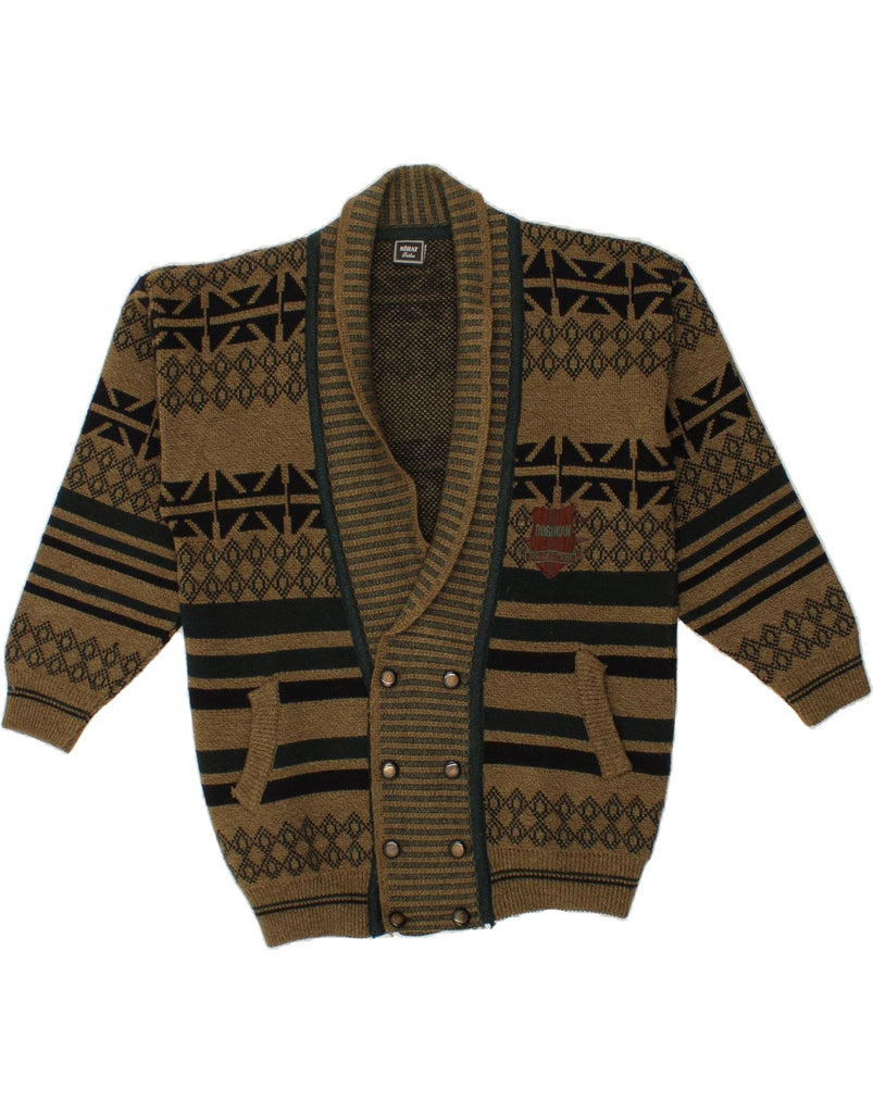 VINTAGE Mens Cardigan Sweater Medium Khaki Geometric Acrylic Vintage Vintage and Second-Hand Vintage from Messina Hembry 