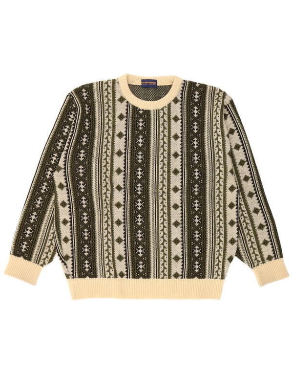 Vintage Mens Crew Neck Jumper Sweater Large Green Fair Isle