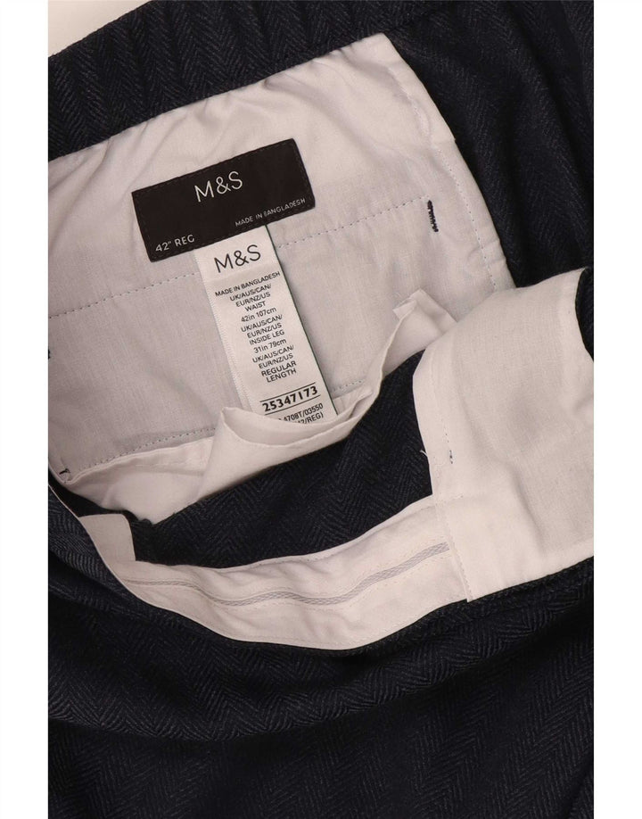 Marks & Spencer Mens Tapered Suit Trousers W42 L28 Navy Blue Herringbone