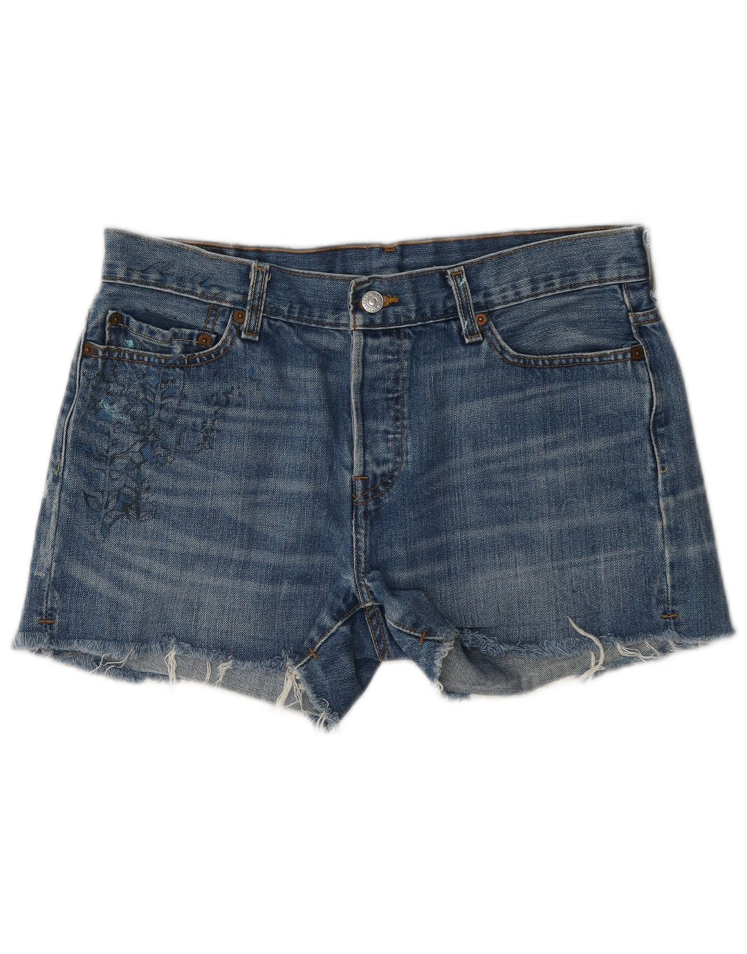 Levi's Womens 501 Graphic Denim Shorts W30 Medium Blue Floral Cotton
