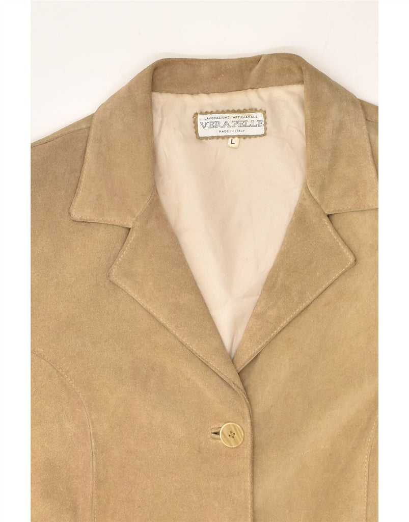 VERA PELLE Womens 3 Button Leather Blazer Jacket UK 14 Large Beige Leather | Vintage Vera Pelle | Thrift | Second-Hand Vera Pelle | Used Clothing | Messina Hembry 