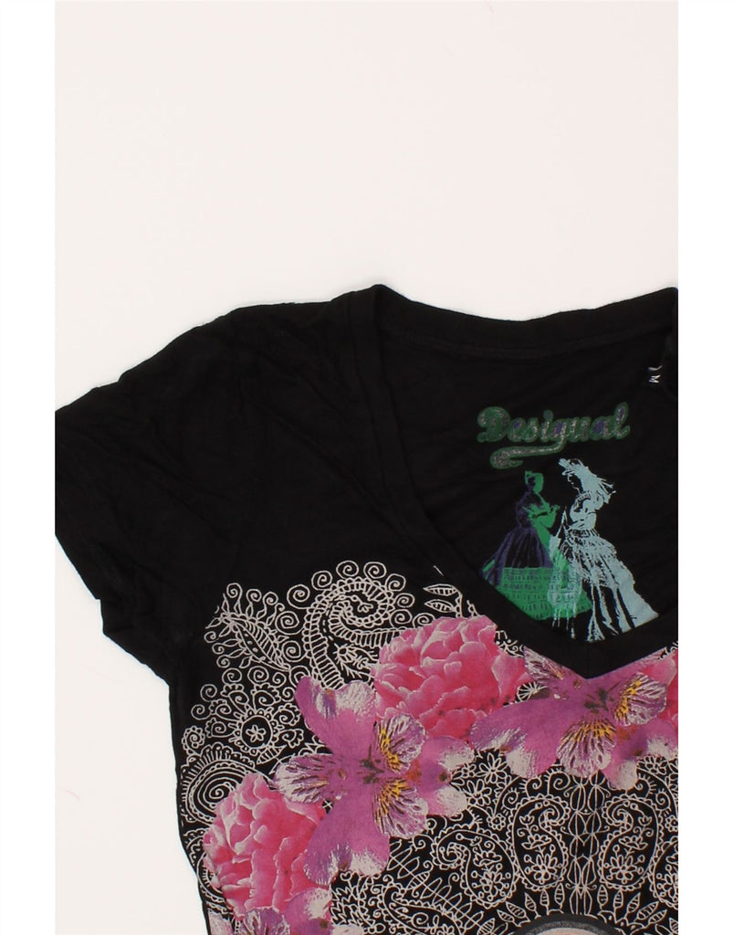 DESIGUAL Womens Graphic T-Shirt Top UK 12 Medium Black Floral | Vintage Desigual | Thrift | Second-Hand Desigual | Used Clothing | Messina Hembry 