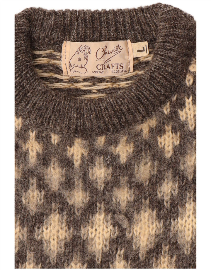 Vintage Mens Crew Neck Jumper Sweater Large Beige Fair Isle