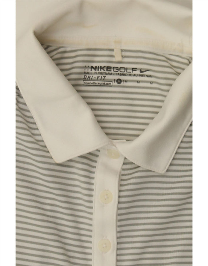 NIKE Womens Dri Fit Polo Shirt UK 12 Medium Grey Striped Polyester Vintage Nike and Second-Hand Nike from Messina Hembry 
