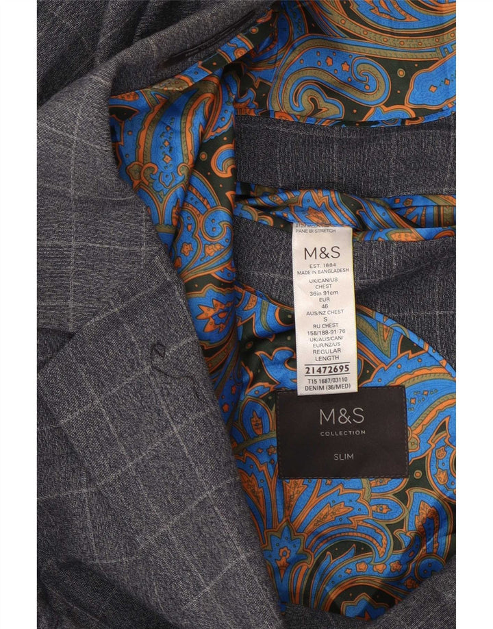 Marks & Spencer Mens 2 Button Slim Blazer Jacket UK 36 Small Blue Check