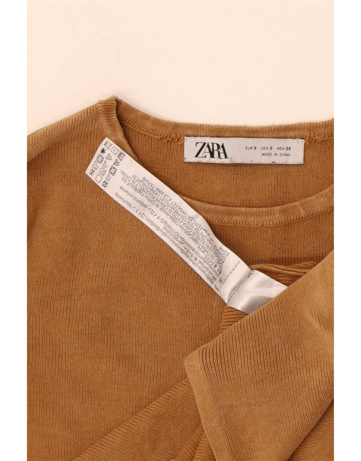 Zara Womens Crop Top Long Sleeve UK 8 Small Beige Cotton