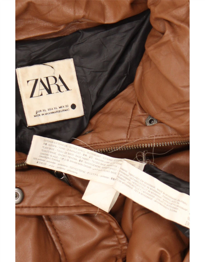 Zara Womens Oversized Faux Leather Padded Jacket UK 18 XL Brown Polyester