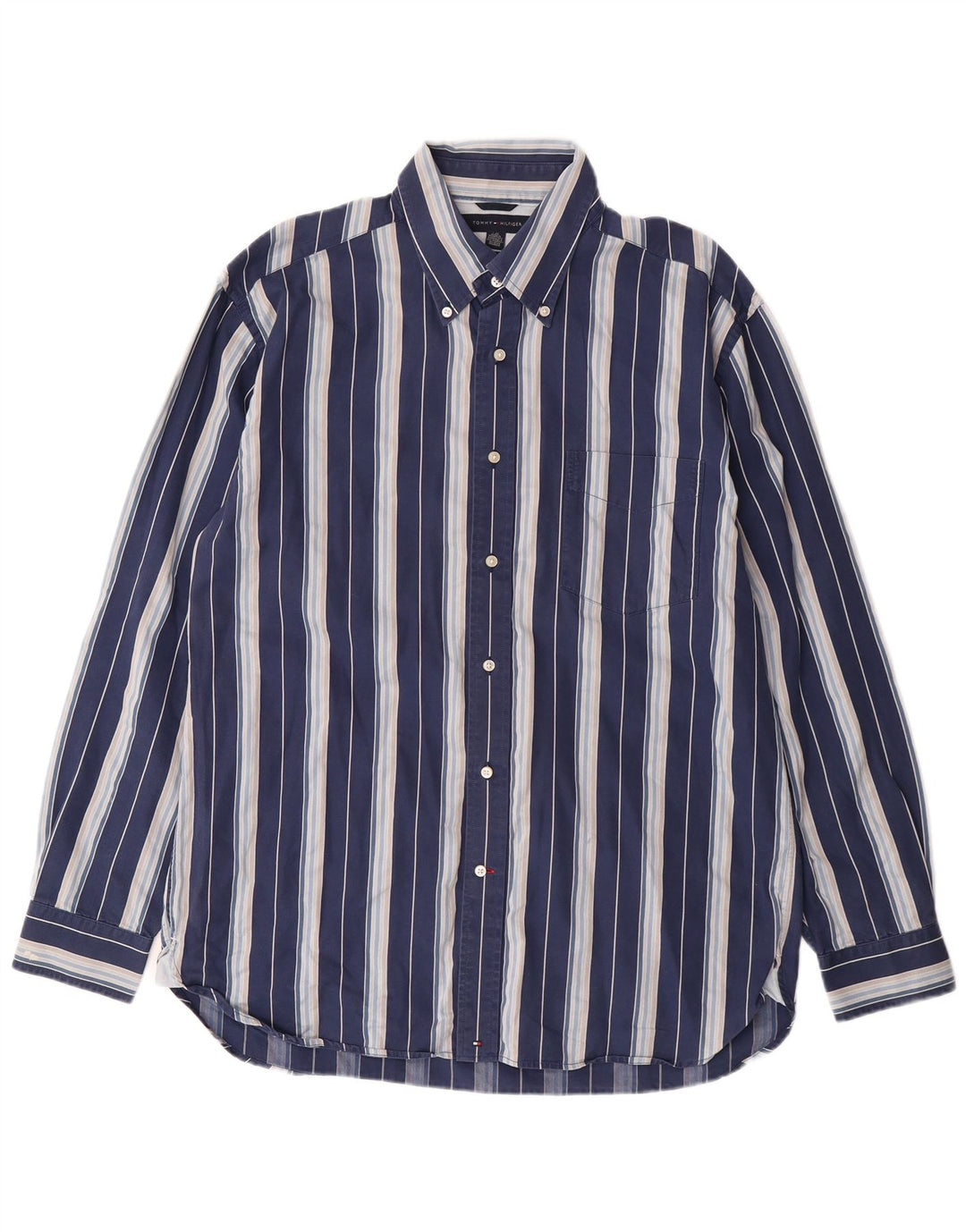 TOMMY HILFIGER Mens Shirt Large Navy Blue Striped Cotton