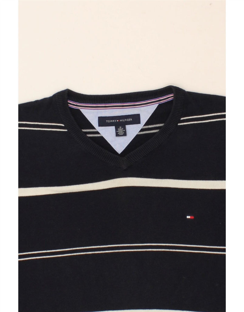 TOMMY HILFIGER Mens V-Neck Jumper Sweater Medium Navy Blue Striped Cotton Vintage Tommy Hilfiger and Second-Hand Tommy Hilfiger from Messina Hembry 