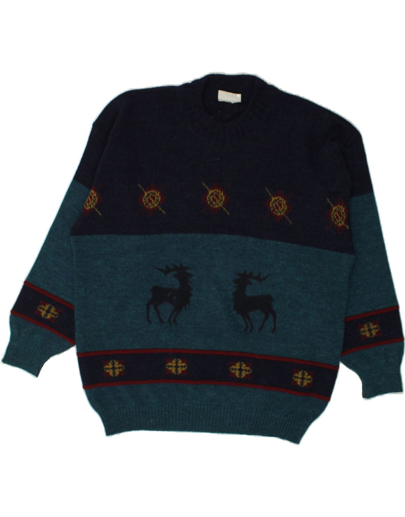 VINTAGE Mens Crew Neck Jumper Sweater IT 52 Large Navy Blue Animal Print | Vintage Vintage | Thrift | Second-Hand Vintage | Used Clothing | Messina Hembry 