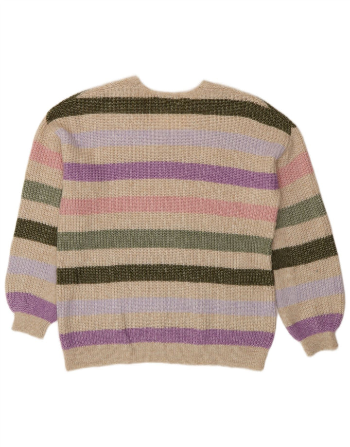 Marks & Spencer Womens V-Neck Jumper Sweater UK 14 Medium Beige Striped