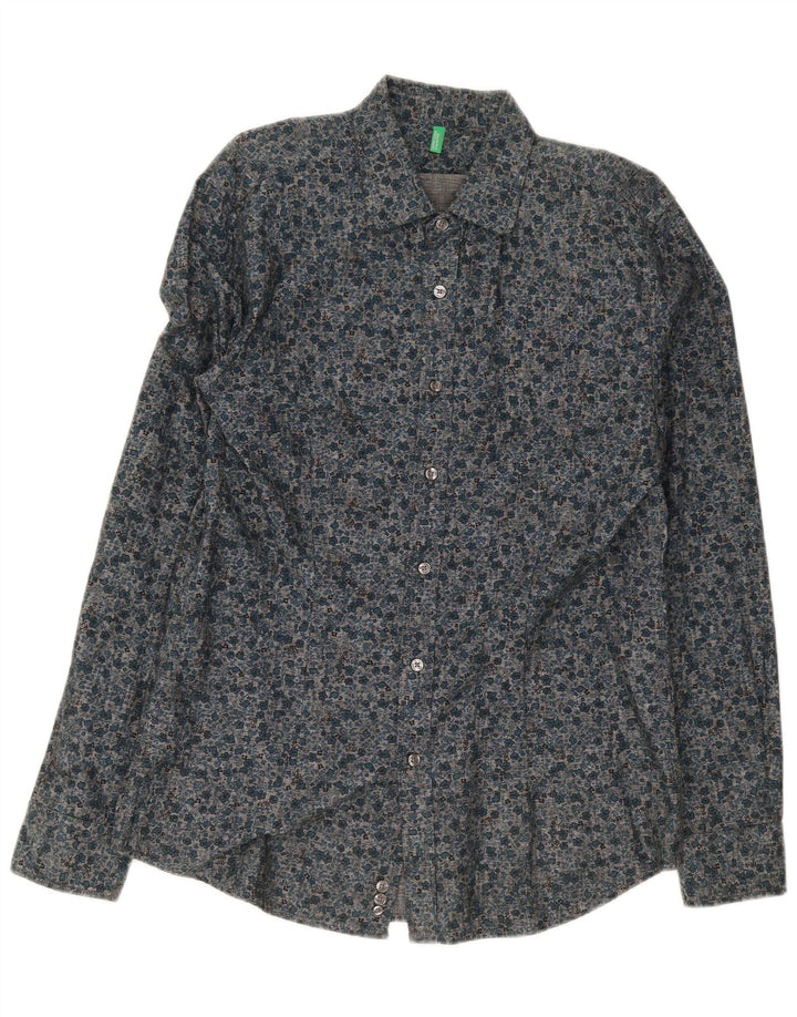 Benetton Mens Shirt XL Navy Blue Floral Cotton