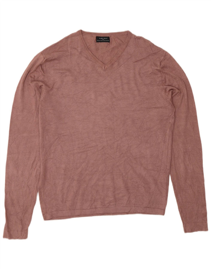 Zara Mens V-Neck Jumper Sweater XL Pink Viscose