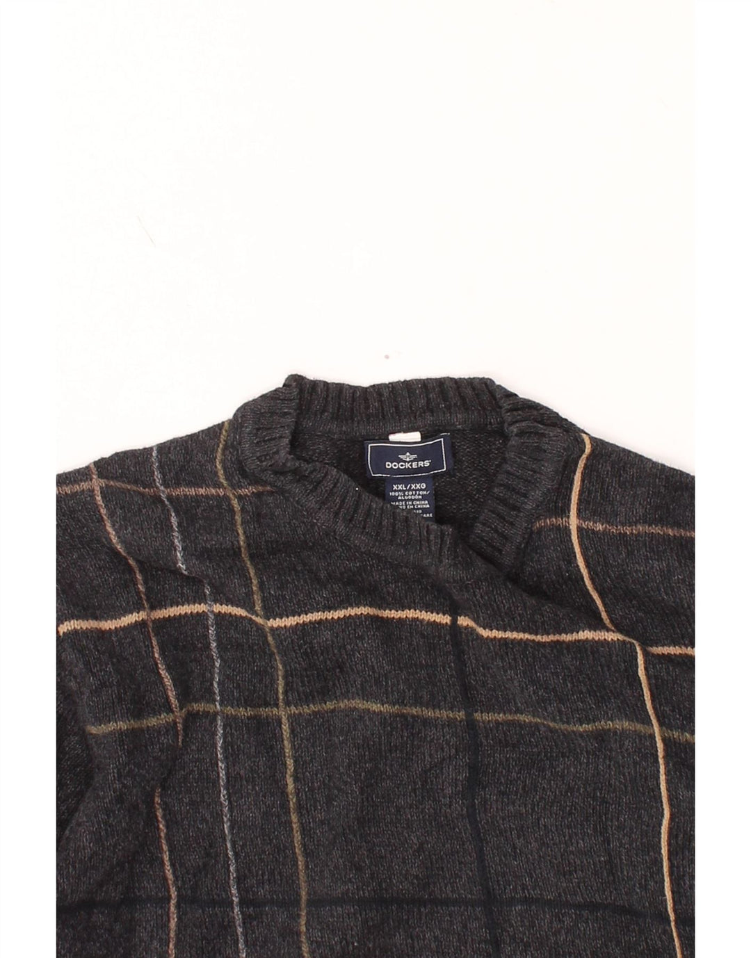 DOCKERS Mens Crew Neck Jumper Sweater 2XL Grey Check Cotton