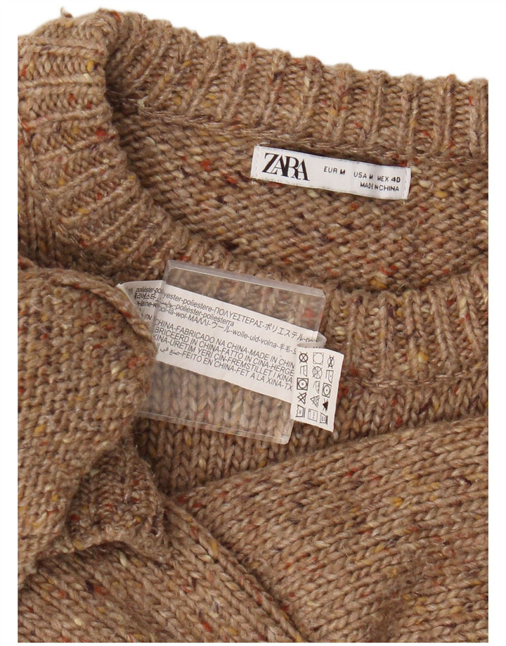 Zara Womens Crew Neck Jumper Sweater UK 14 Medium Brown Flecked Polyester