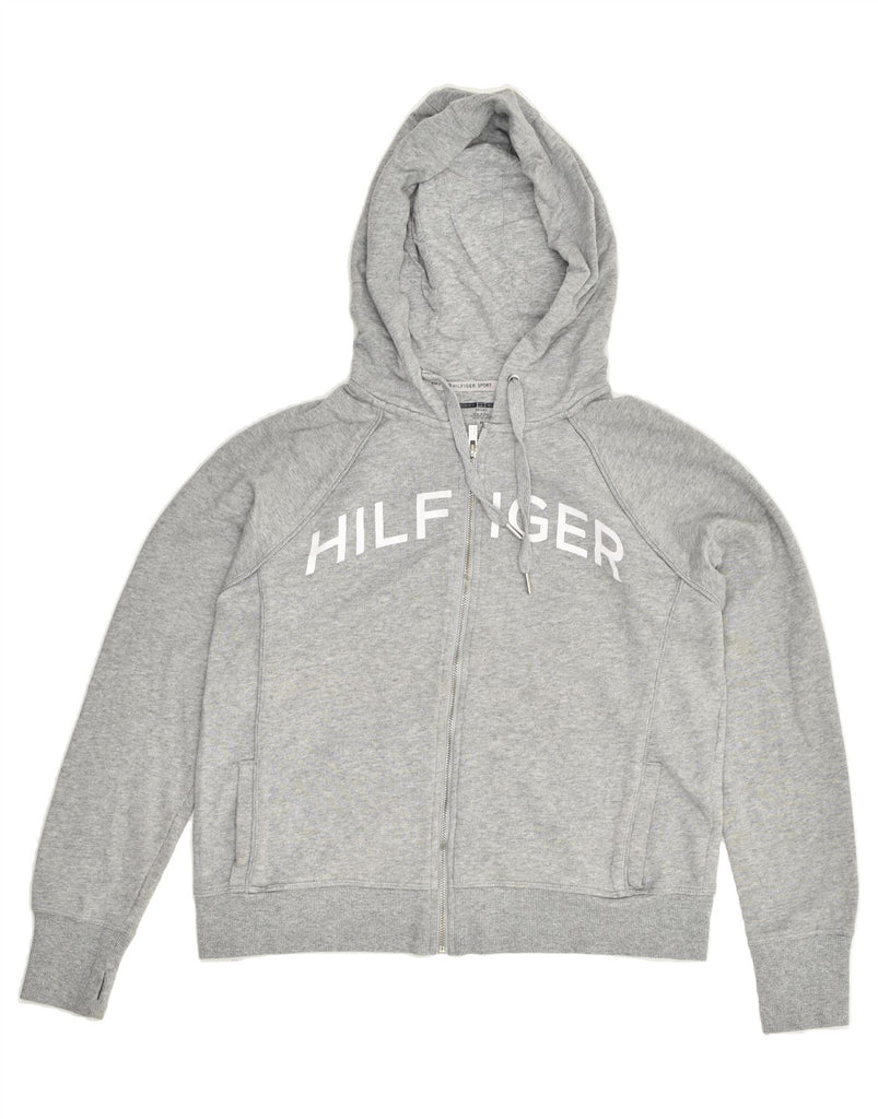 TOMMY HILFIGER Womens Graphic Zip Hoodie Sweater UK 12 Medium Grey Cotton | Vintage Tommy Hilfiger | Thrift | Second-Hand Tommy Hilfiger | Used Clothing | Messina Hembry 