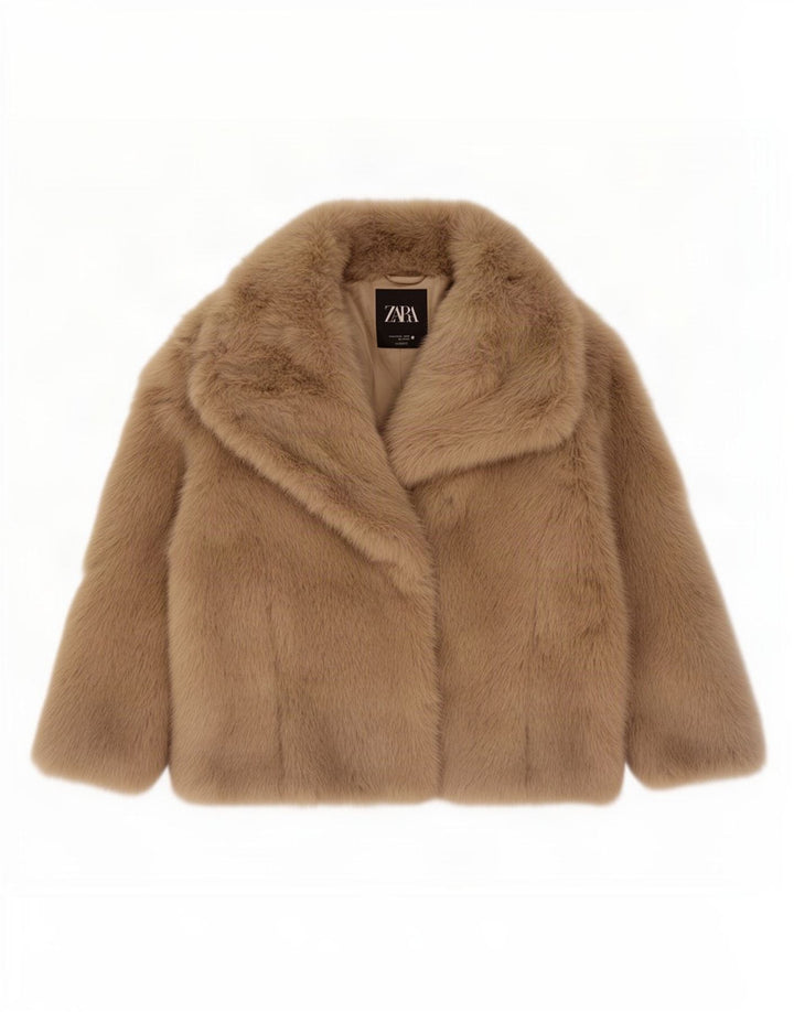 Zara Womens Poplin Faux Fur Jacket UK 16 Large Beige Polyester