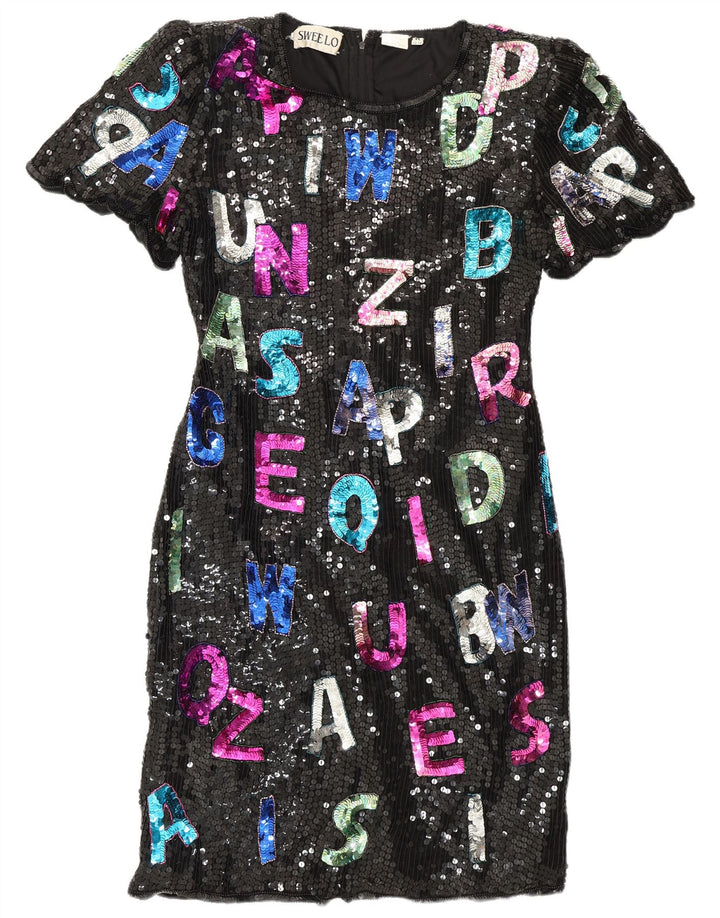 SWEELO Womens Graphic Sheath Dress UK 18 XL Black Silk