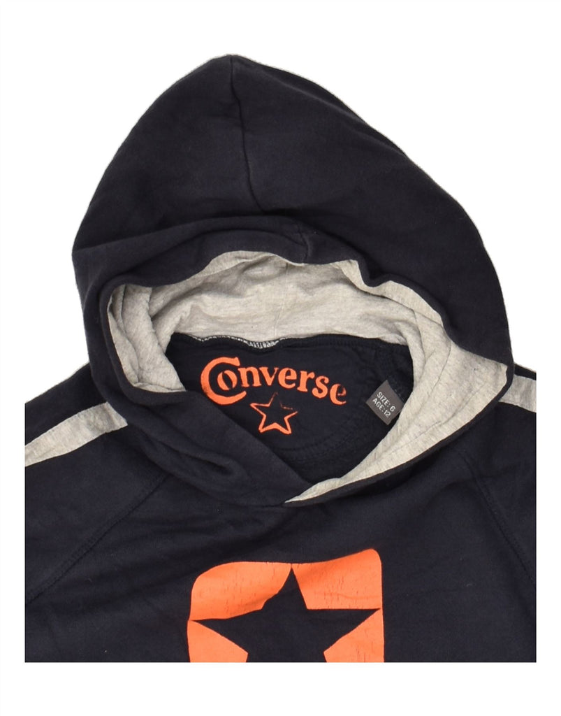 CONVERSE Boys Graphic Hoodie Jumper 11-12 Years Navy Blue Cotton | Vintage Converse | Thrift | Second-Hand Converse | Used Clothing | Messina Hembry 