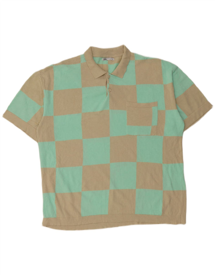 Zara Mens Polo Shirt Large Beige Geometric