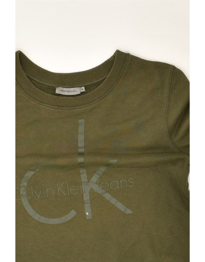 CALVIN KLEIN Womens Graphic Sweatshirt Jumper UK 14 Medium Khaki Cotton | Vintage Calvin Klein | Thrift | Second-Hand Calvin Klein | Used Clothing | Messina Hembry 