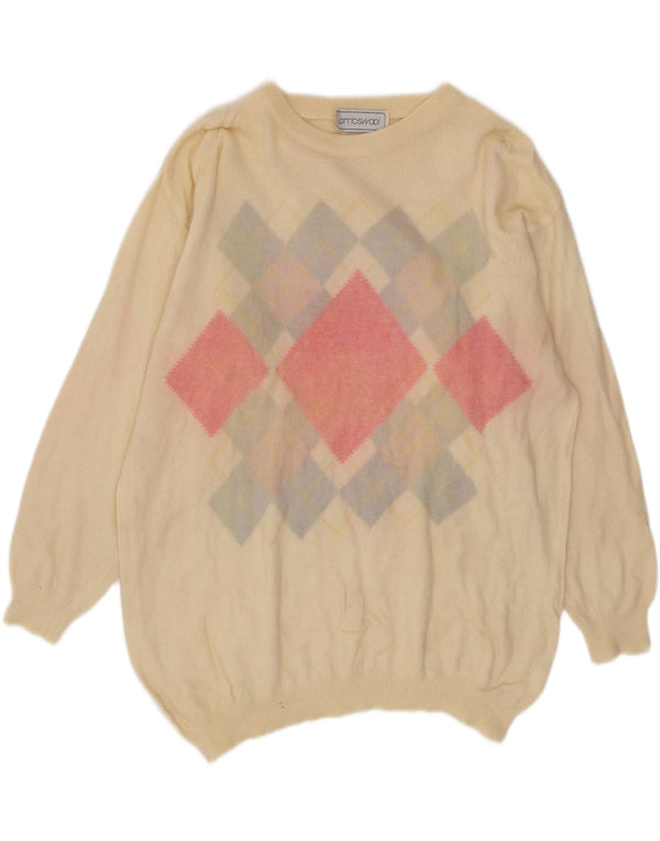 Vintage Womens Boat Neck Jumper Sweater UK 16 Large Beige Argyle/Diamond