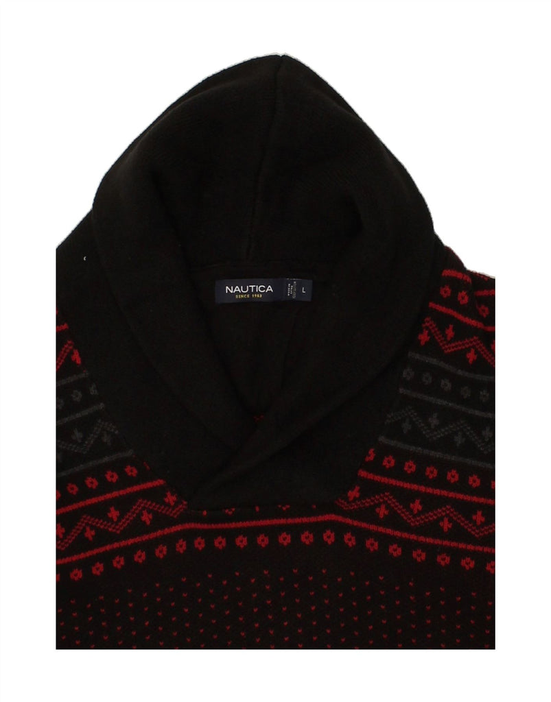 NAUTICA Mens Shawl Neck Jumper Sweater Large Black Fair Isle Cotton | Vintage Nautica | Thrift | Second-Hand Nautica | Used Clothing | Messina Hembry 