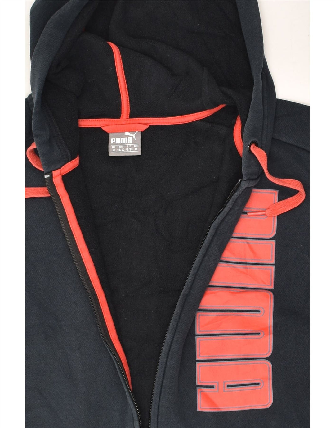 PUMA Mens Graphic Zip Hoodie Sweater Medium Navy Blue Cotton | Vintage Puma | Thrift | Second-Hand Puma | Used Clothing | Messina Hembry 