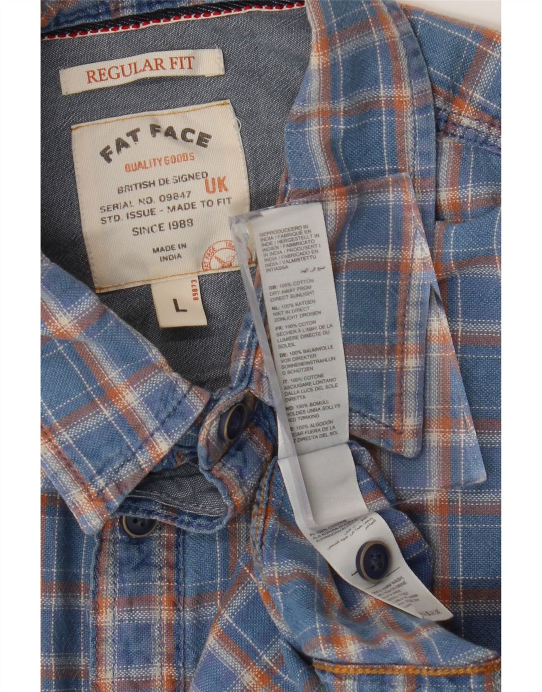 Fat Face Mens Short Sleeve Regular Fit Shirt Large Blue Check Cotton