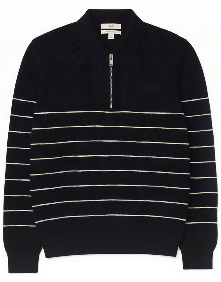 Marks & Spencer Mens Polo Neck Jumper Sweater Medium Navy Blue Striped