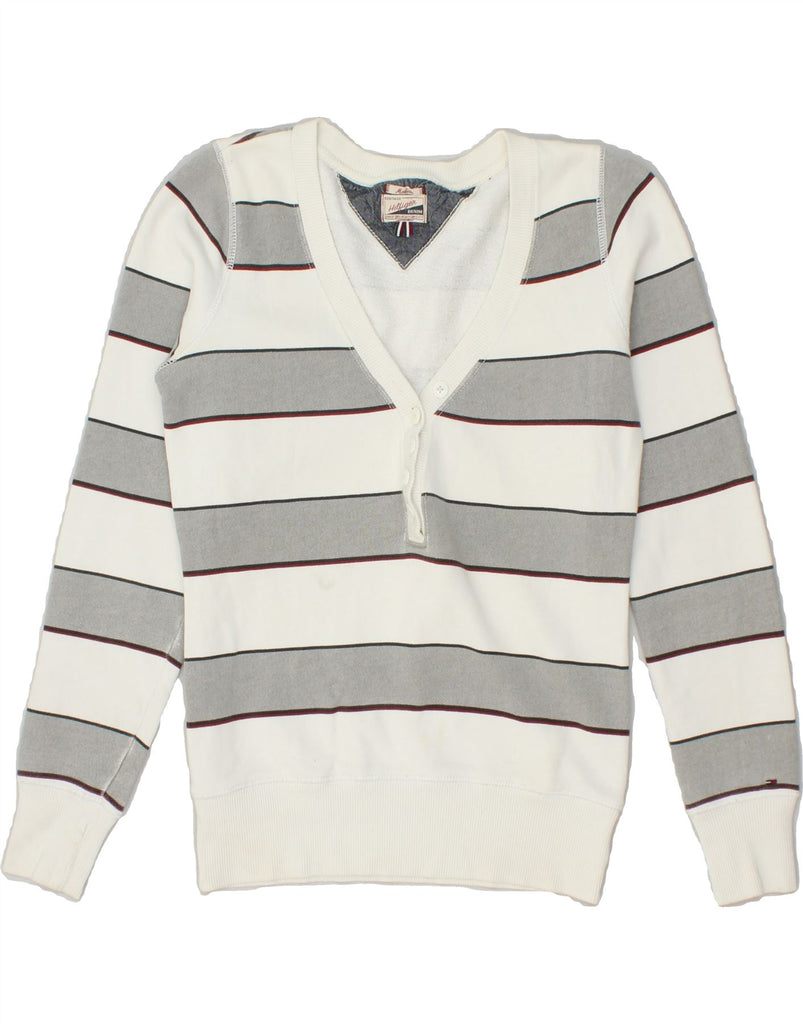 TOMMY HILFIGER Womens V-Neck Jumper Sweater UK 12 Medium White Striped | Vintage Tommy Hilfiger | Thrift | Second-Hand Tommy Hilfiger | Used Clothing | Messina Hembry 