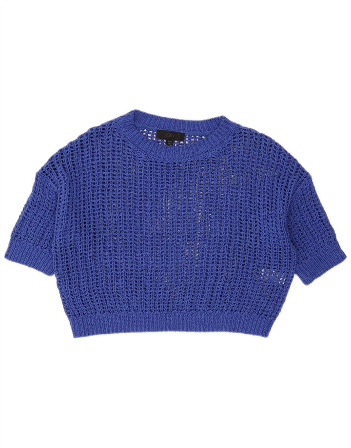Zara Womens Oversized See Through Knit Crop Top UK 10 Small Blue Cotton