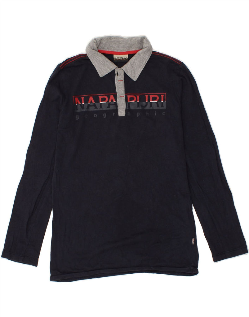 NAPAPIJRI Boys Graphic Long Sleeve Rugby Polo Shirt 11-12 Years Navy Blue Vintage Napapijri and Second-Hand Napapijri from Messina Hembry 