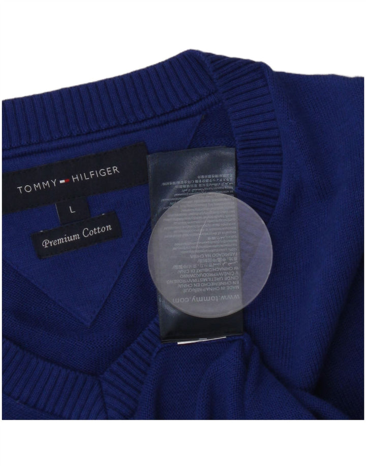Tommy Hilfiger Mens V-Neck Jumper Sweater Large Blue Cotton