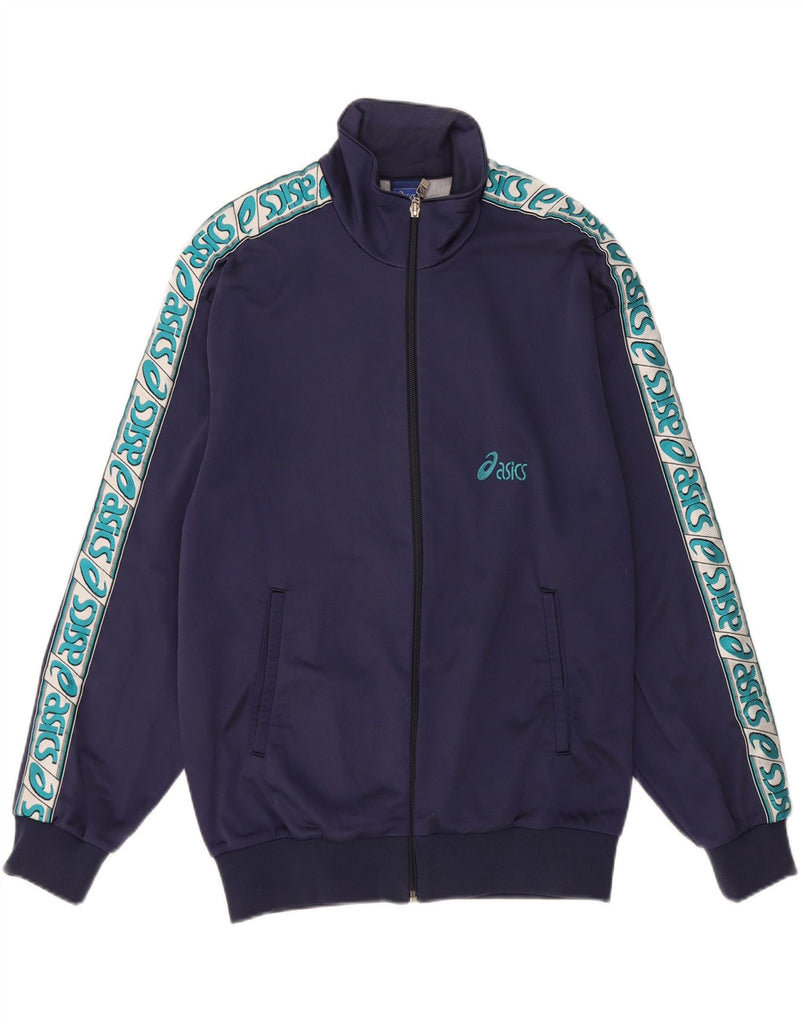 ASICS Mens Graphic Tracksuit Top Jacket IT 50 Medium Navy Blue Colourblock Vintage Asics and Second-Hand Asics from Messina Hembry 