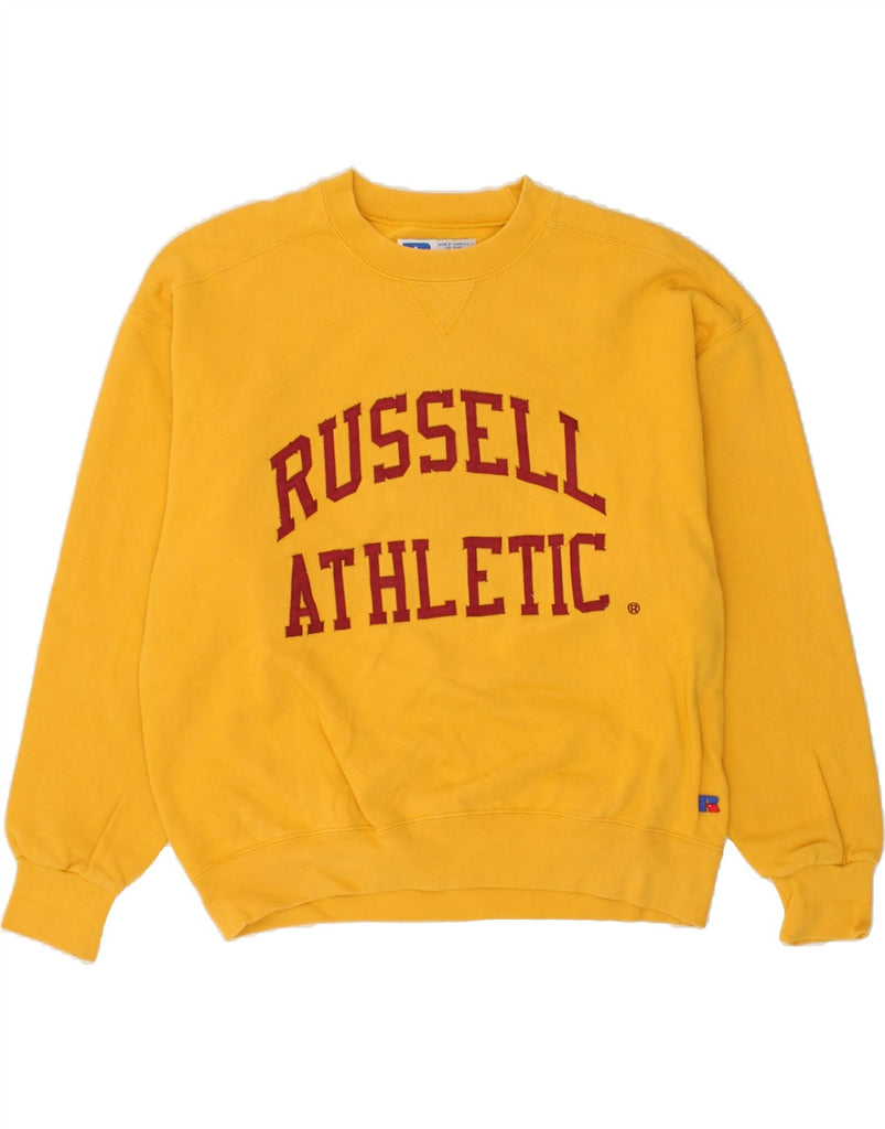 RUSSELL ATHLETIC Mens Graphic Sweatshirt Jumper Large Yellow Cotton | Vintage Russell Athletic | Thrift | Second-Hand Russell Athletic | Used Clothing | Messina Hembry 