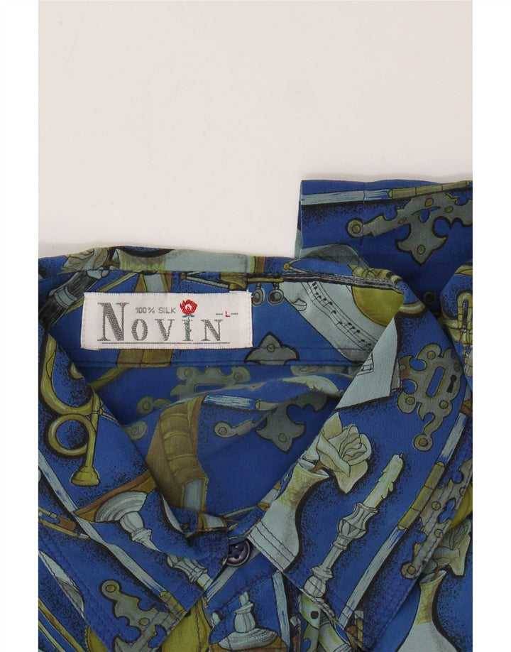 VINTAGE Mens Abstract Pattern Short Sleeve Shirt Large Blue Silk