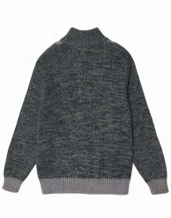 Vintage Mens Cardigan Sweater Large Green Colourblock Wool