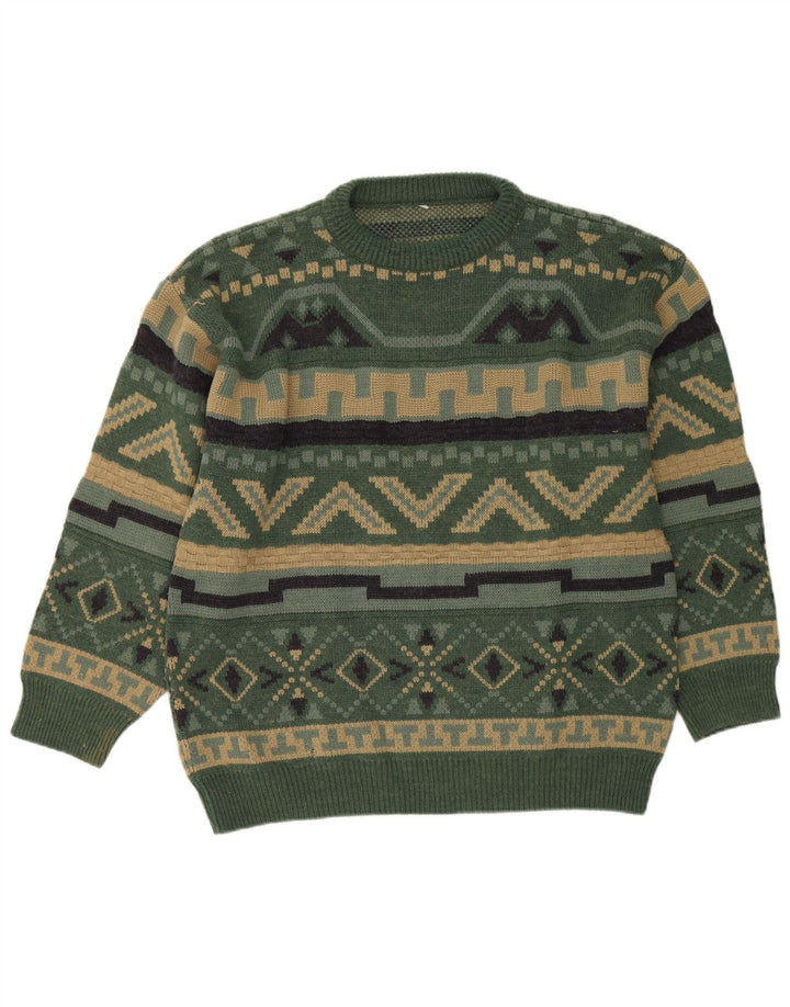 Vintage Mens Crew Neck Jumper Sweater Large Green Geometric
