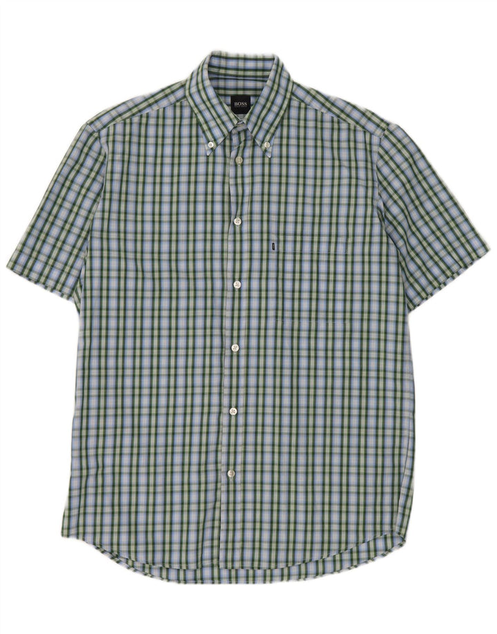 Hugo Boss Mens Short Sleeve Shirt Medium Blue Check Cotton