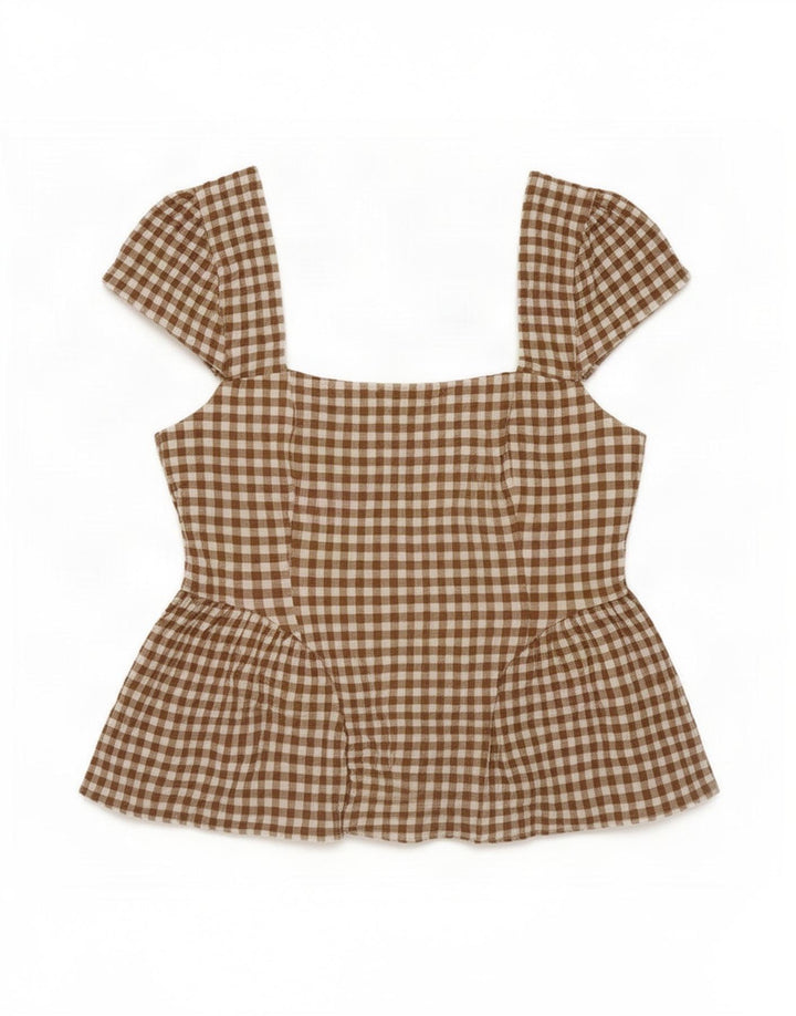 Marks & Spencer Womens Blouse Top UK 12 Medium Beige Gingham Cotton