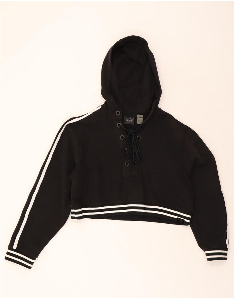 PUMA Womens Oversized Crop Graphic Hoodie Jumper UK 14 Large Black Cotton Vintage Puma and Second-Hand Puma from Messina Hembry 