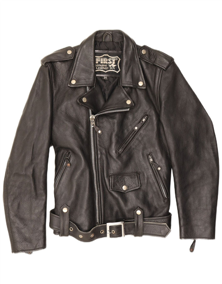 First Mens Leather Biker Jacket UK 34 XS Black