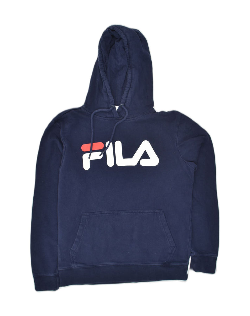 FILA Womens Graphic Hoodie Jumper UK 10 Small Navy Blue Cotton | Vintage Fila | Thrift | Second-Hand Fila | Used Clothing | Messina Hembry 