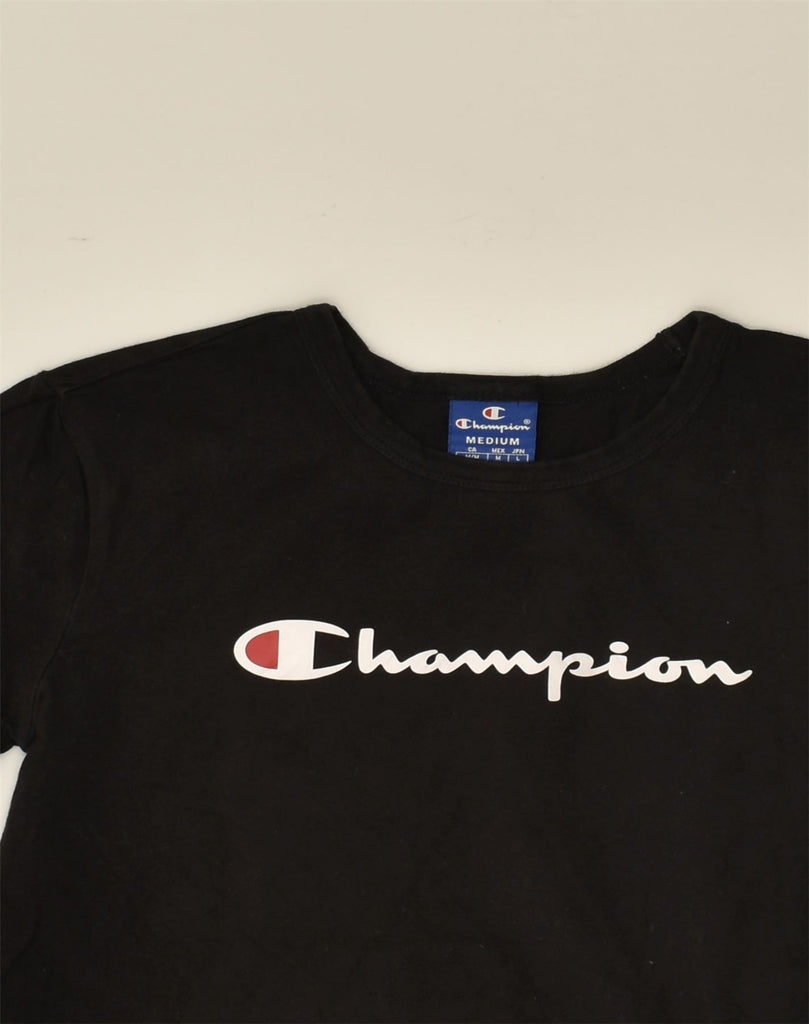 CHAMPION Womens Crop Graphic T-Shirt Top UK 12 Medium Black Cotton | Vintage Champion | Thrift | Second-Hand Champion | Used Clothing | Messina Hembry 