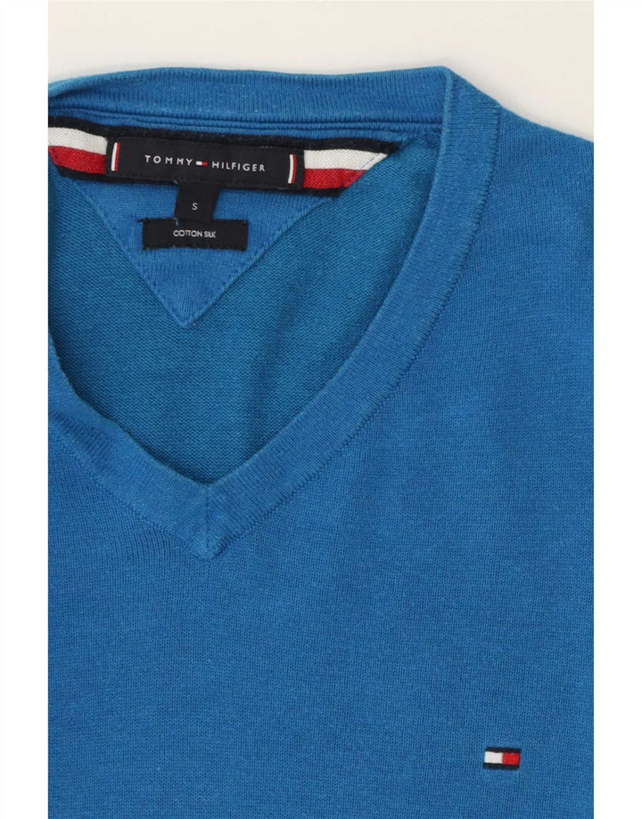 Tommy Hilfiger Mens V-Neck Jumper Sweater Small Blue Cotton