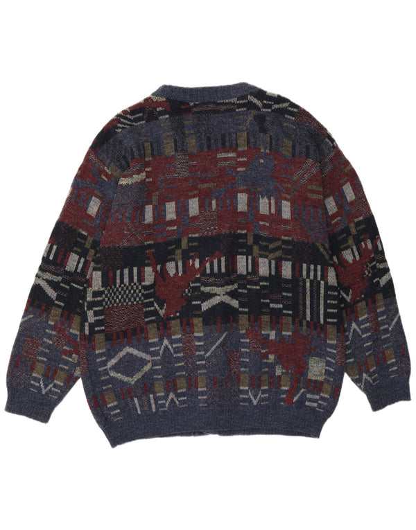 WEST PORT Mens Cardigan Sweater Large Blue Geometric Acrylic